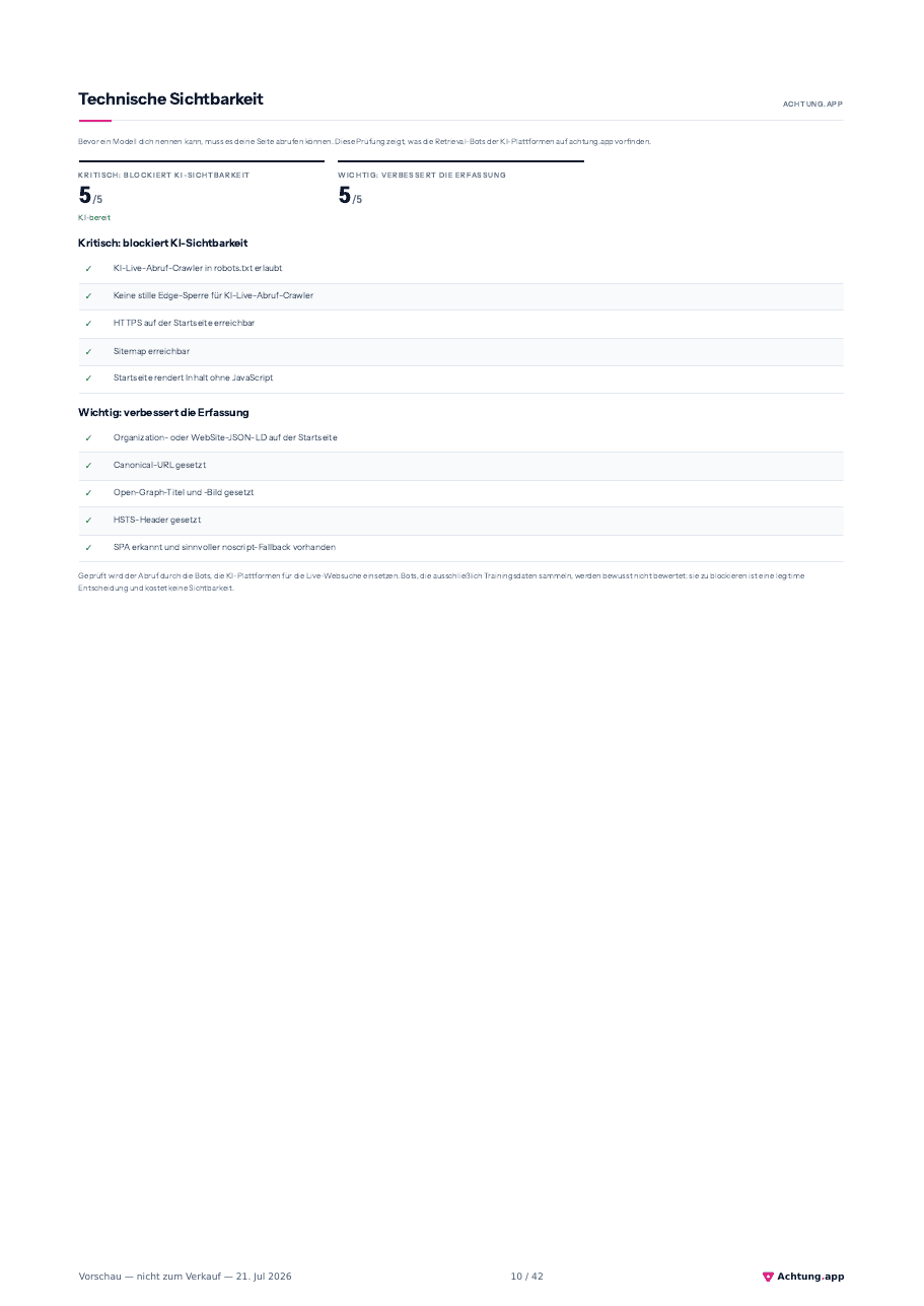 Beispielseite aus dem Branchen-Report: Technischer Check: kann die KI deine Website lesen?